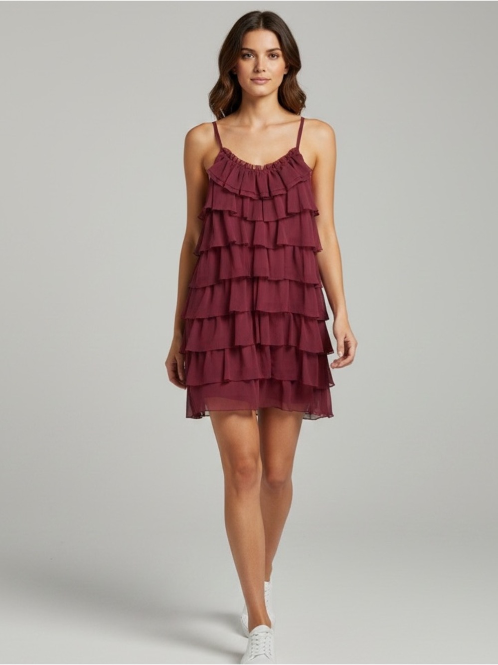 Vintage Argenti Tiered Ruffle Spaghetti-Strap Dress in Burgundy